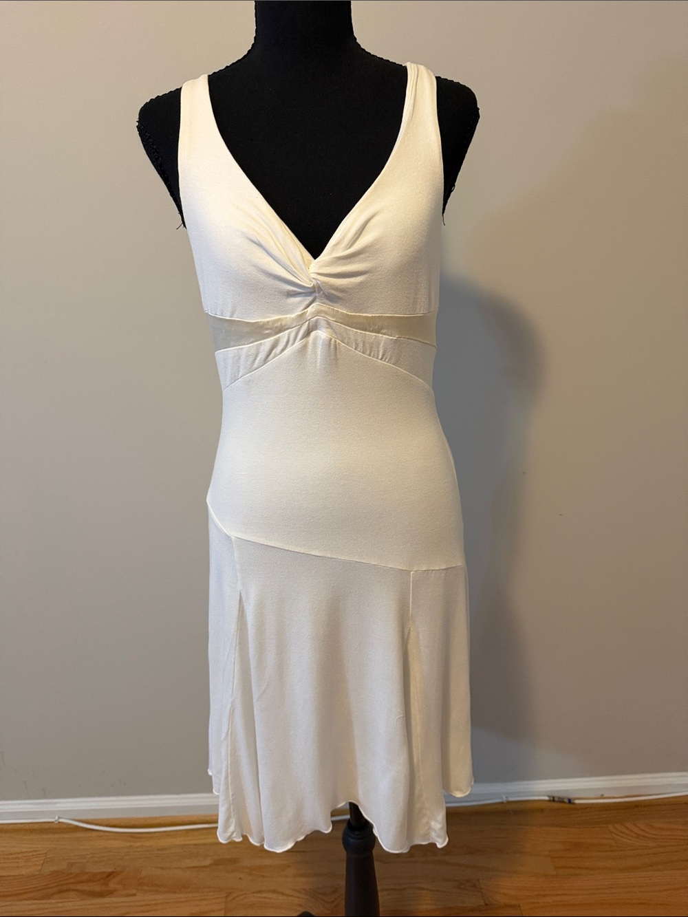 bebe Cream V-Neck Sleeveless Slip Dress with Twist Bodice